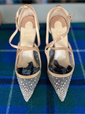Christian Louboutin Nude Beige Pointed Crystal Mesh Ankle-Strap Pumps